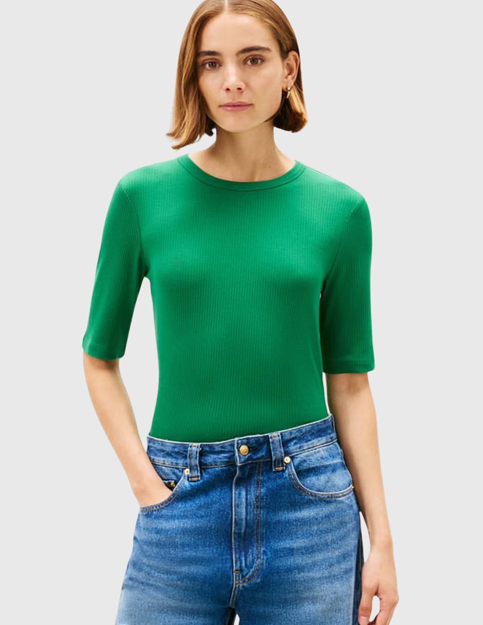 Playera manga al codo cuello redondo para mujer