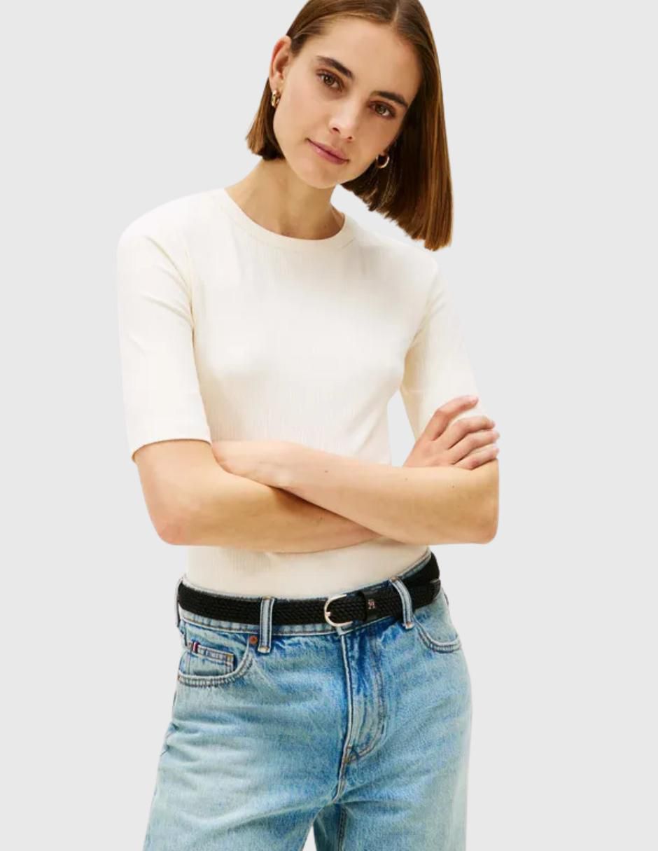 Playera manga al codo cuello redondo para mujer